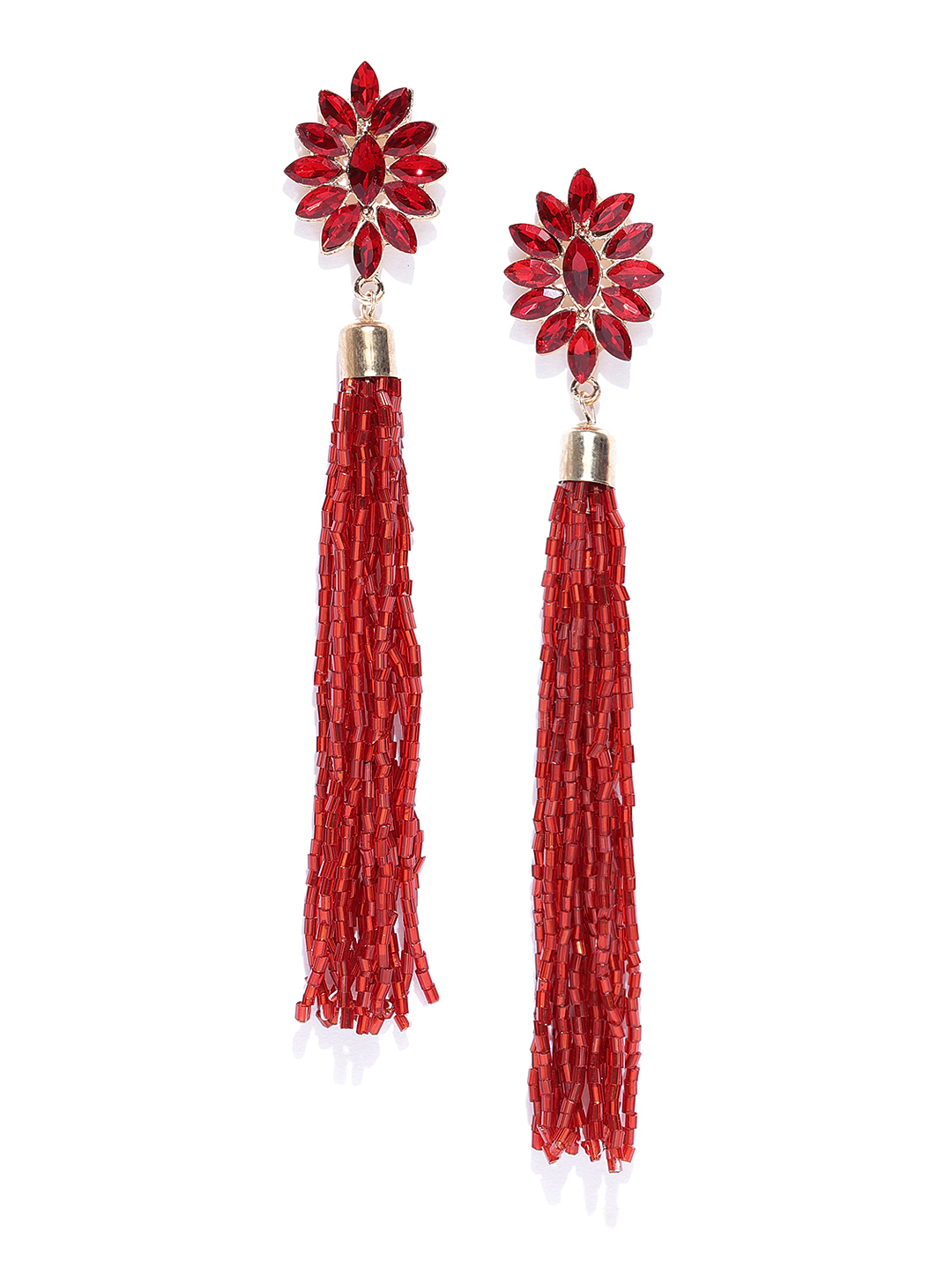 YouBella Red Gold-Plated Tasselled Contemporary Drop Earrings